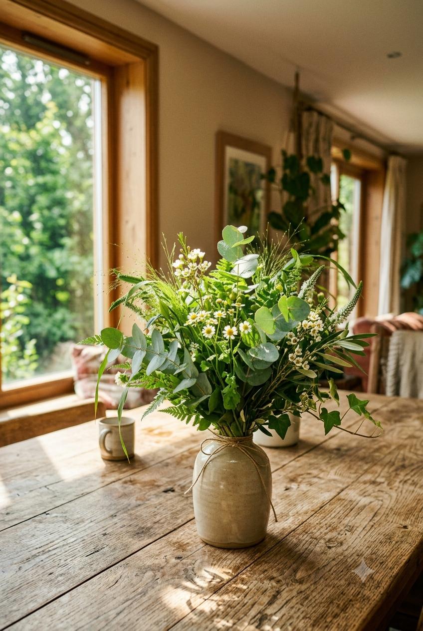 Blumenstrauß auf Holztisch